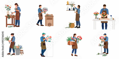 Collection of male and female florists in aprons arranging bouquets, trimming stems, and working in a flower shop, isolated on white background.