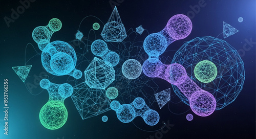 Abstract Molecular Structures with Glowing Lines and Geometric Shapes.