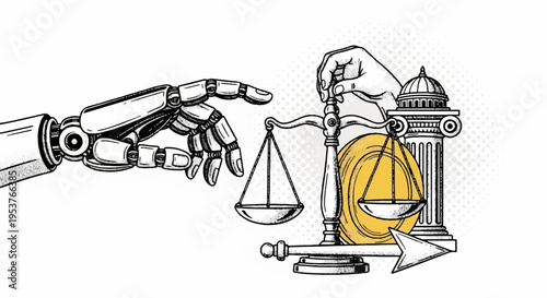 Robotic hand interacting with justice scale and gavel in front of government building