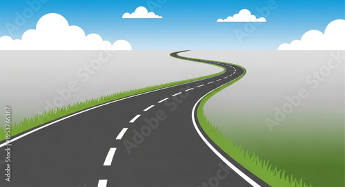 Winding Road Illustration - A Journey Through Green Fields Under a Blue Sky.