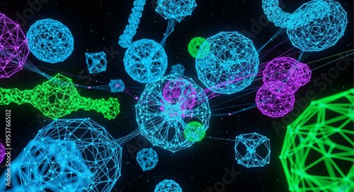 Abstract Network of Interconnected Glowing Spheres and Geometric Shapes.