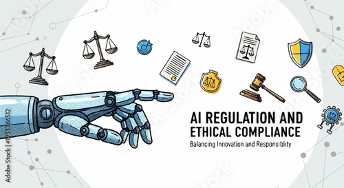 Robotic hand pointing to ai regulation and ethical compliance symbols with scales gavel shield