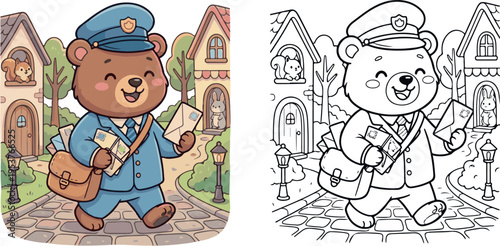 bear postman with mailbag and letters jungle animal cartoon vector illustration clipart and lineart for children coloring book