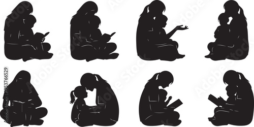 Mother and child reading together in various poses silhouettes