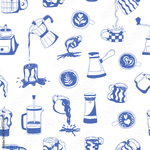 Coffee pot, coffee cups, coffee grinder seamless pattern. Mediterranean blue hand drawn endless background. Vector illustration for packaging, textiles, wrapping paper, cafe branding, food design