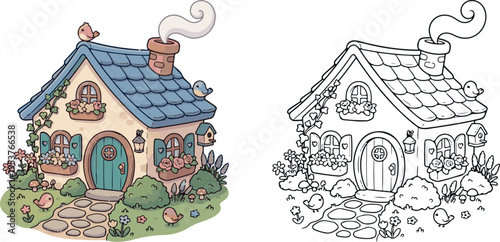 small cozy cottage with chimney and flowers jungle animal cartoon vector illustration clipart and lineart for children coloring book
