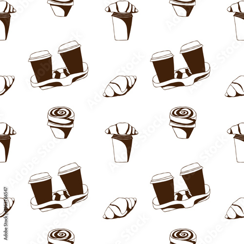 Croissants, coffee cups seamless pattern. Cozy bakery and coffee to go black and white background. Hand drawn vector illustration for packaging, textiles, wrapping paper, cafe branding, food design