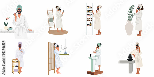 Collection of minimalist illustrations of a woman in a white bathrobe engaging in various skincare rituals and applying a black charcoal face mask.