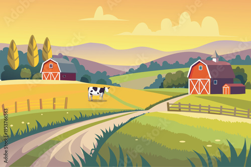 Idyllic farmland scene with barns rolling hills and a cow