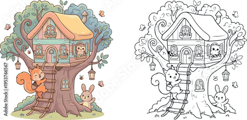 treehouse with rope ladder jungle animal cartoon vector illustration clipart and lineart for children coloring book