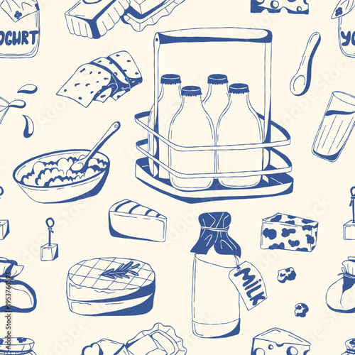 Dairy food seamless pattern. Milk bottles, yogurt, cheese, butter, cream, toast, bowl elements. Hand drawn line art minimal doodle style for packaging, branding, textile, wallpaper, print, grocery