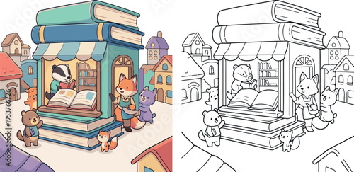 bookshop with open books jungle animal cartoon vector illustration clipart and lineart for children coloring book