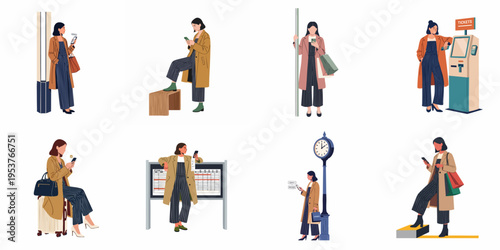 Vector illustration set featuring a stylish young woman using her smartphone while commuting and traveling in various urban city locations.