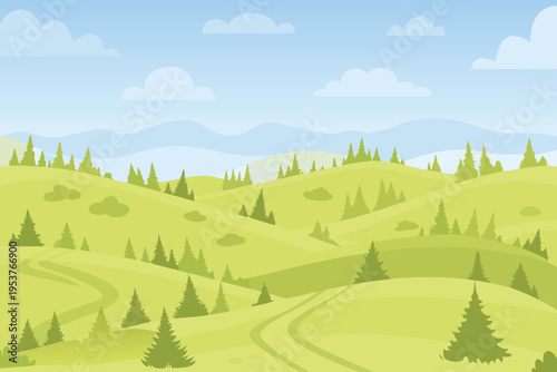 Serene landscape featuring rolling green hills and a winding path