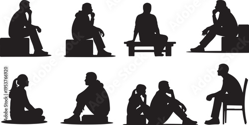 Silhouettes of people sitting in various poses and emotions