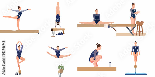 Set of flat vector illustrations of a female gymnast performing various skills and exercises on a balance beam in a blue leotard.