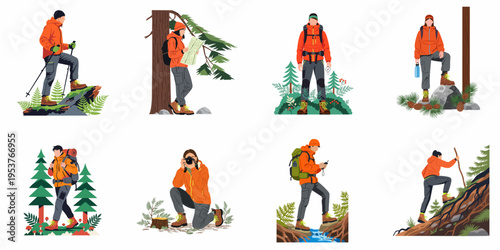Set of flat vector illustrations featuring diverse people engaged in various outdoor hiking, trekking, and mountain climbing activities in nature.