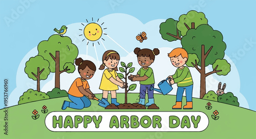 Diverse children planting tree on arbor day with sunshine and green landscape background