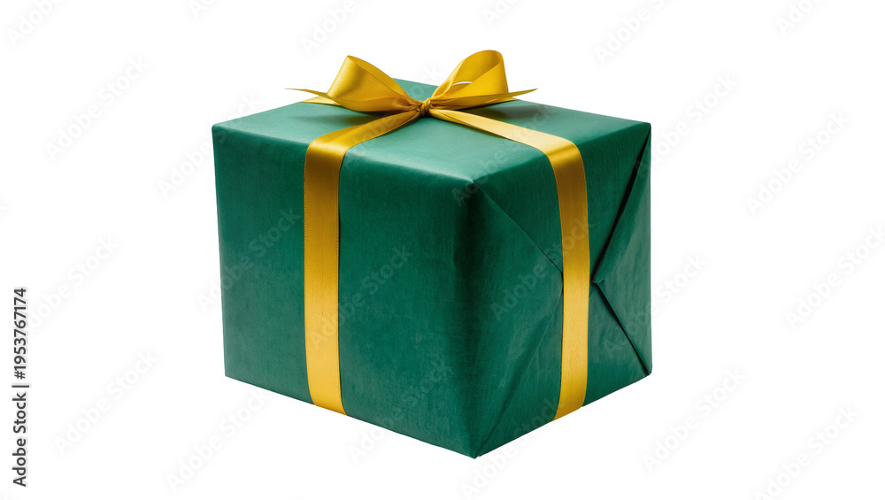 Obraz premium Beautifully wrapped green gift box with a vibrant golden ribbon and elegant bow, isolated PNG on transparent background, perfect for holiday celebrations and special occasions