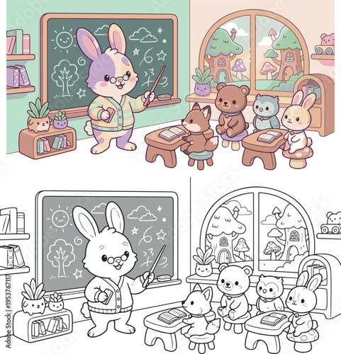 rabbit teaching small class jungle animal cartoon vector illustration clipart and lineart for children coloring book