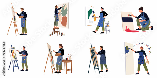 A collection of diverse artists painting on canvases, using various techniques and tools in a flat illustration style.