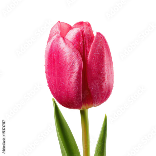 Bright pink tulip with water droplets on petals isolated against white background showing natural beauty in spring season