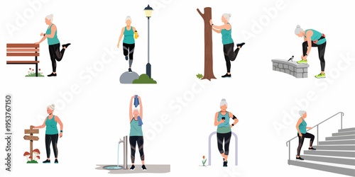 Collection of vector illustrations featuring an active senior woman exercising, stretching, jogging, and staying healthy in various outdoor settings.