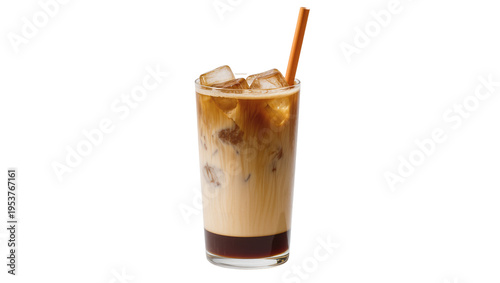 Refreshing layered iced coffee drink in a tall glass with ice cubes and a straw, isolated PNG on transparent background for menus and beverage designs