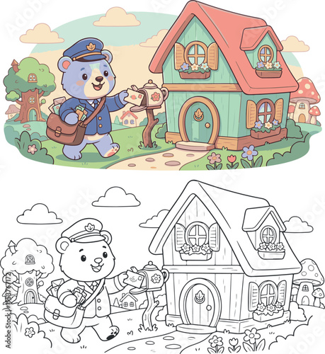 bear delivering mail to house jungle animal cartoon vector illustration clipart and lineart for children coloring book