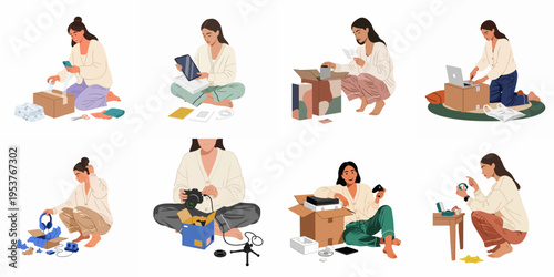 Flat illustration set of a young woman unboxing and packing various electronic gadgets and consumer goods at home.