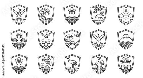 Collection of shield icons with various designs.