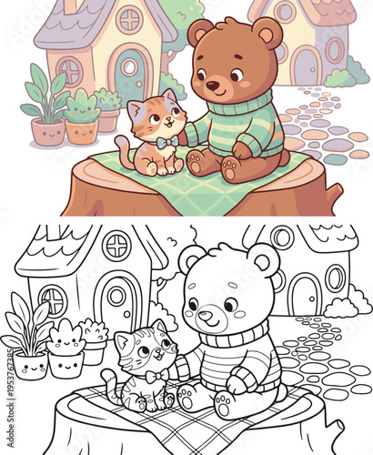 mini kitten sitting beside character jungle animal cartoon vector illustration clipart and lineart for children coloring book