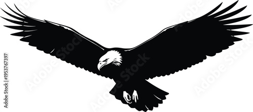 Black and white bald eagle in flight silhouette with wings fully extended and talons visible, powerful artwork symbolizing freedom, strength, and majestic nature