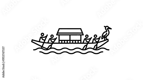 Minimalist Outline of Boat with Paddlers and Bird