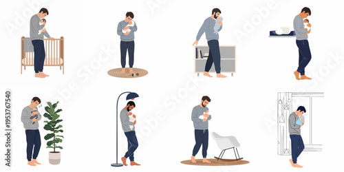 Set of illustrations depicting a young father holding and caring for his newborn baby in various domestic scenes at home.