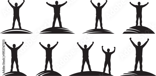 Silhouettes of people celebrating on hills with raised arms
