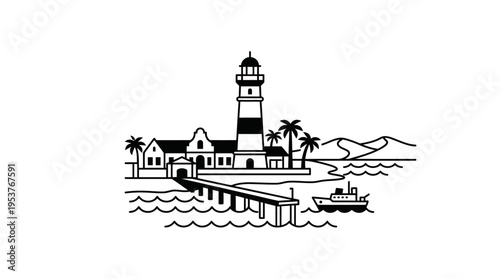 Coastal Lighthouse with Pier and Boat in Black and White