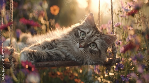 Cat relaxes on a swing surrounded by flowers during golden hour light in a garden setting