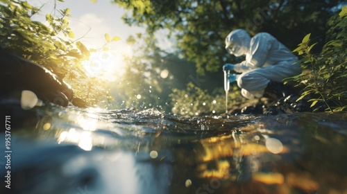 Scientist collects water samples from a stream during the daytime in a forest