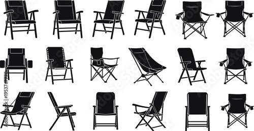 Black silhouette collection of sixteen folding and camping chairs, outdoor seating artwork showcasing portable designs, ergonomic variations, and recreational furniture styles