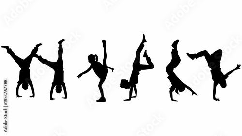 A set of gymnast silhouettes performing various acrobatic poses