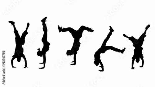 A set of black silhouettes of a man doing various handstand poses