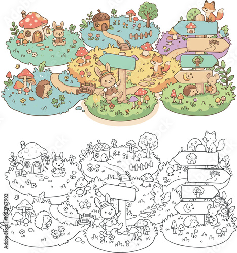 wooden signpost with arrows jungle animal cartoon vector illustration clipart and lineart for children coloring book