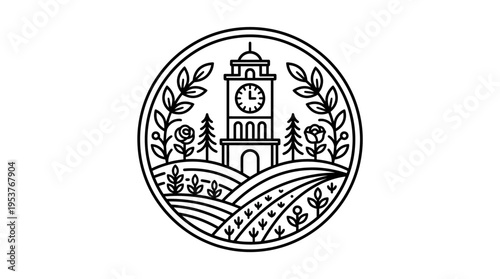 Minimalist Clock Tower Emblem on White
