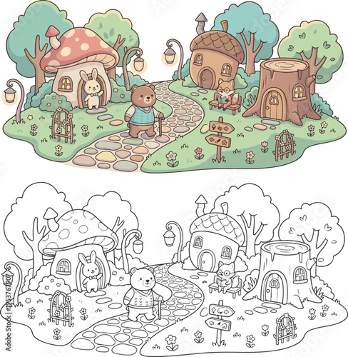 cobblestone path jungle animal cartoon vector illustration clipart and lineart for children coloring book