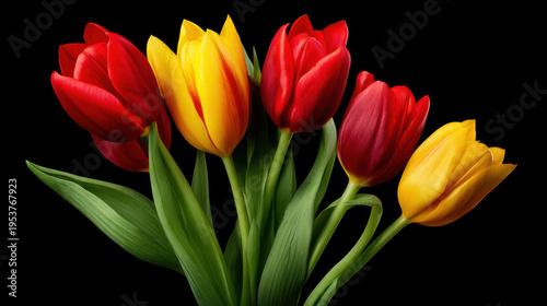 A beautiful bouquet of red and yellow tulips presents a vibrant and colorful contrast against the stark black background, creating a striking floral display.