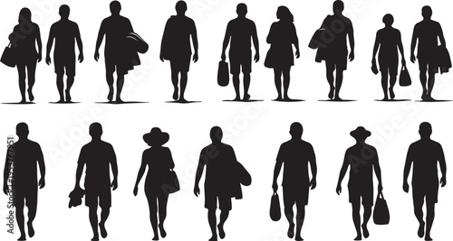 Silhouettes of people walking with various bags and hats