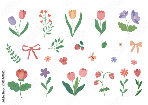 Set of Cute spring and summer floral set with flowers, leaves, berries, ribbon and butterfly. For Mother's Day, Easter, Women's Day, holiday invitation, banner. Vector illustration.