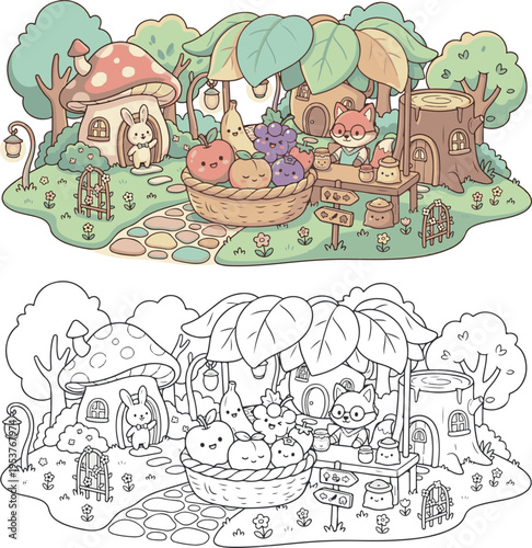 basket of fruits jungle animal cartoon vector illustration clipart and lineart for children coloring book