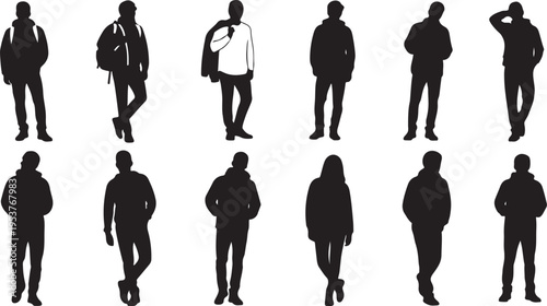 Silhouettes of people in various poses and outfits standing